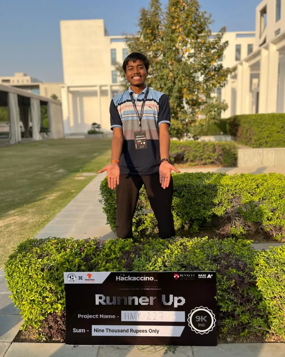 Behind the Hackaccino Runner Up board at Bennett University